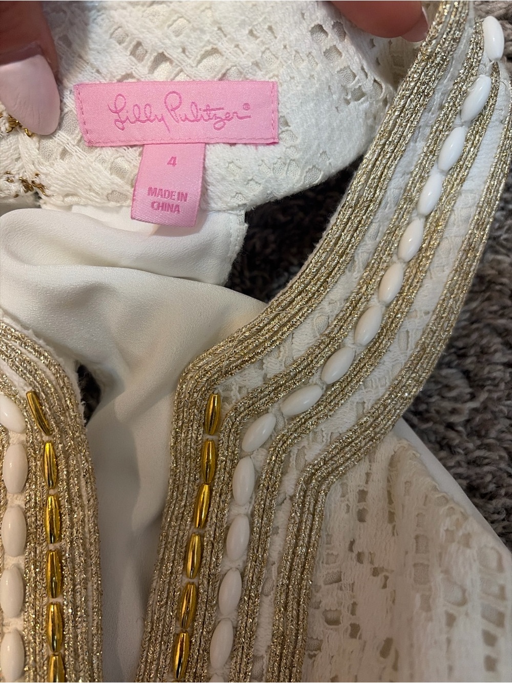 Lilly Pulitzer Calera Jungle White Lace Gold Beaded Shift Dress Size 4 - Picture 6 of 6